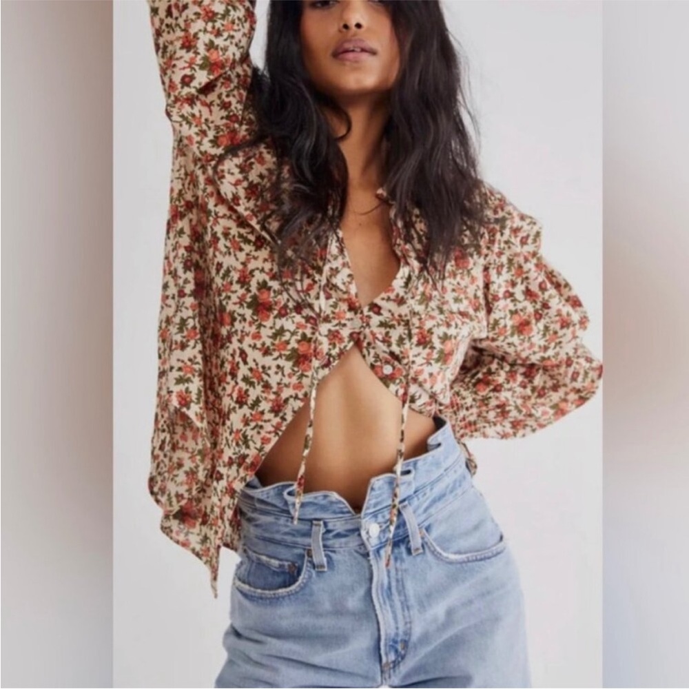 Free People Meant To Be Puff Sleeve Ruffle Blouse Top Vintage Floral Cotton Boho - Picture 12 of 16